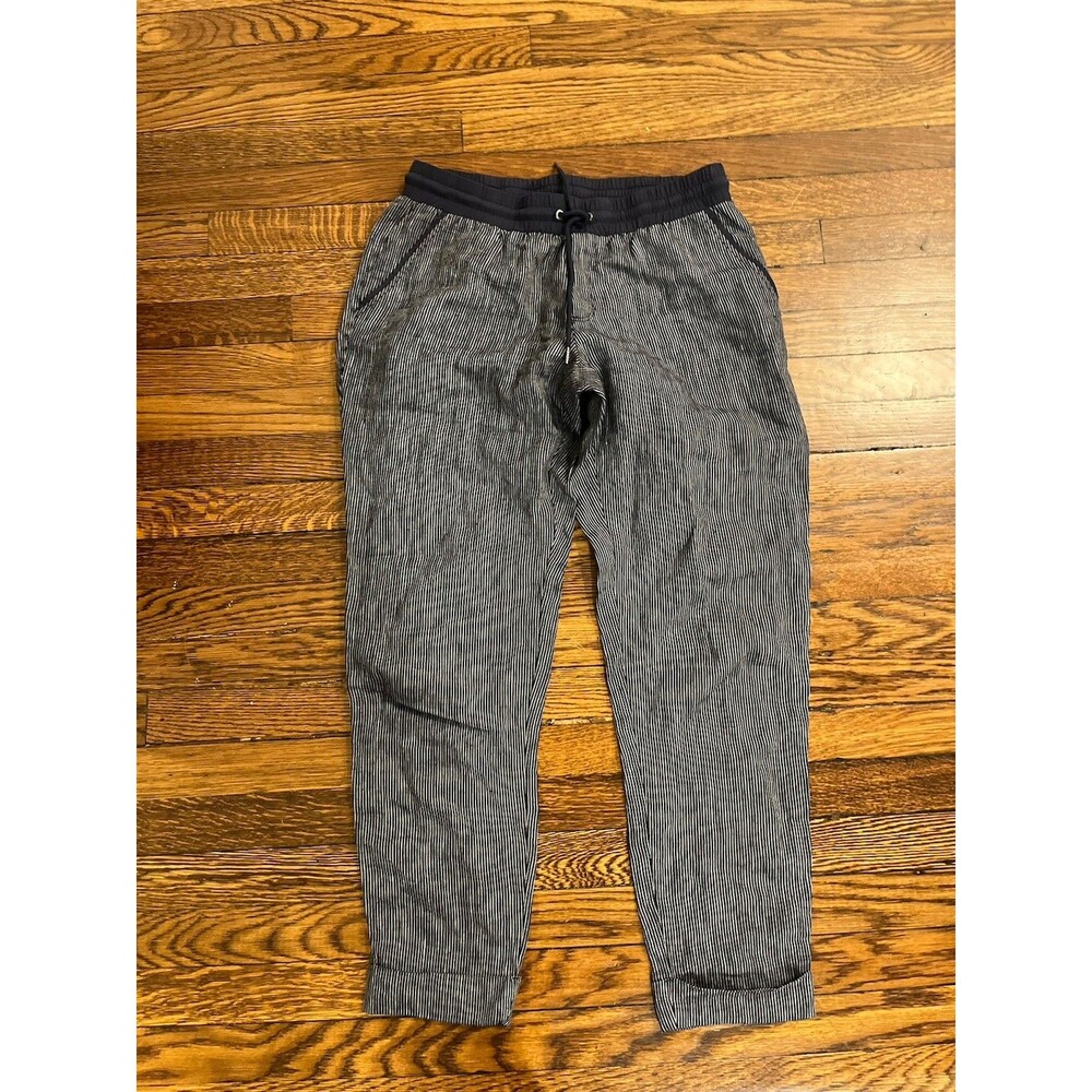 Athleta Bali Linen Pant Women's 10T Navy Striped Wide Leg Ankle Airy Drawstring